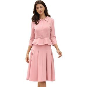 Business Skirt Suit Sets for 2 Piece Jacket Pleated Skirts Dusty Pink